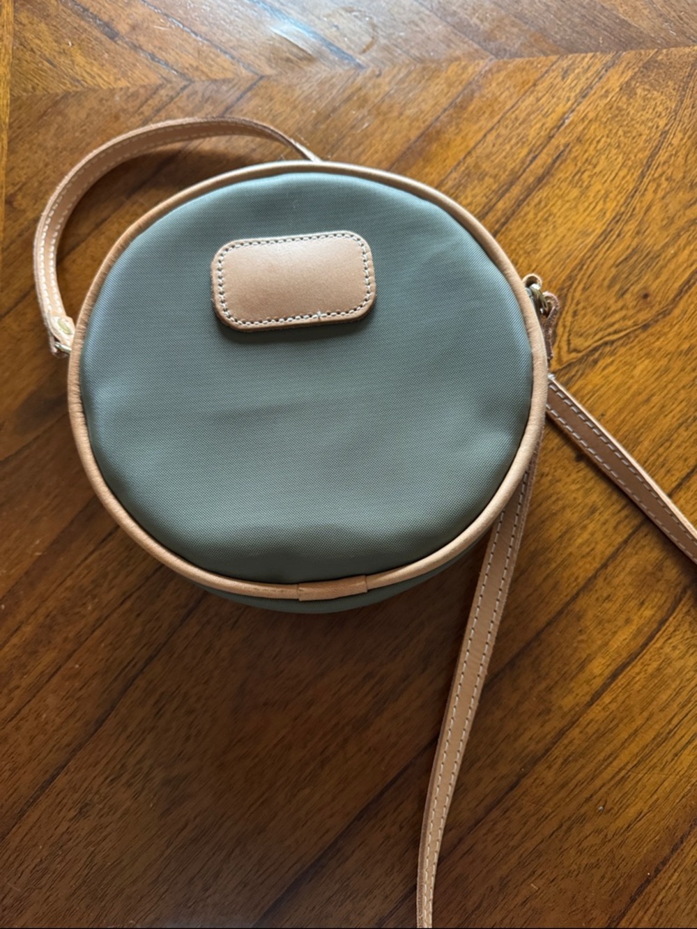 Jon Hart Design Round Crossbody in Sage Green with Tan Trim